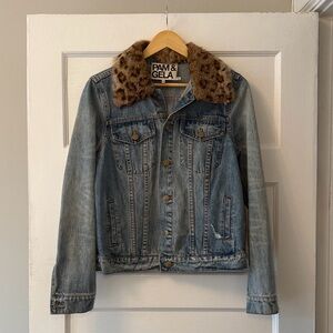 Pam & Gela 2010s Denim Jacket with Removable Leopard Print Rabbit Collar